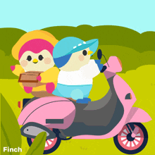 two penguins are riding a pink scooter and the word finch is on the bottom