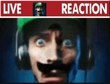 a man wearing headphones and a green hat has a surprised look on his face under a sign that says live reaction