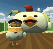 a cartoon chicken wearing a military hat and sunglasses