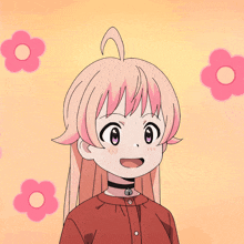 a girl with pink hair is surrounded by pink flowers and has a collar around her neck