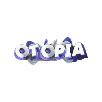 the word utopia is written in blue and white letters