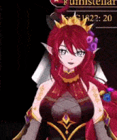 a red haired anime girl with a crown on her head is standing in front of a black background .