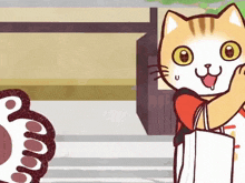 a cartoon cat is holding a bag and smiling with its tongue hanging out