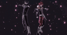 a couple of people are dancing in front of a pink background with sparkles .