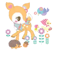 an illustration of a deer surrounded by flowers and hedgehogs