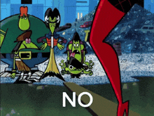 a group of cartoon characters with the word no on the bottom right