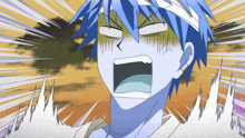 a blue haired anime character with a bandage on his head is screaming