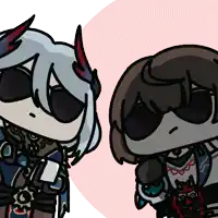 a cartoon character with horns and sunglasses is standing next to another character