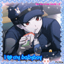 a picture of a police officer drinking from a straw with the words " i love my babyboy " on the bottom right