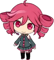a cartoon girl with pink hair and red eyes