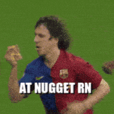 a man in a blue and red shirt with the words at nugget rn on it