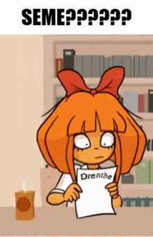 a cartoon of a girl holding a piece of paper that says drenthe