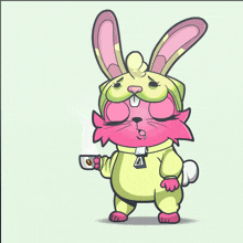 a cartoon bunny holding a cup of coffee with the words need coffee behind him