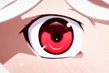 a close up of a person 's red eye with a white pupil .