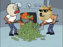a doge wearing sunglasses is standing next to a man with a shovel in front of a pile of money