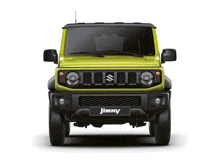 the front of a yellow suzuki jimny with a white background