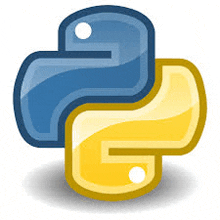 a blue and yellow python logo with a white circle in the middle .