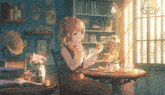 a girl sitting at a table with a cup of tea and a muffin