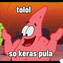 patrick star from spongebob squarepants is holding his hands up in the air .