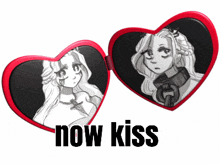 a red heart shaped mirror with a picture of a girl and the words now kiss