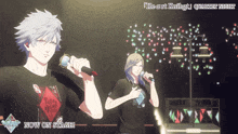 two anime characters singing on stage with the words heart knight quartet night above them