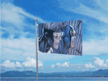 a flag with a picture of two people on it