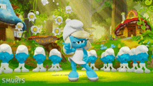 a group of smurfs are standing in a field