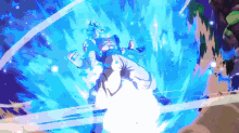 a cartoon character is flying through the air with a blue light behind him .