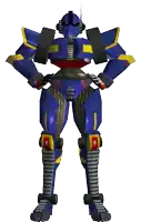 a blue robot with yellow and red arms and legs is standing on a white background
