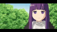 a girl with purple hair and purple eyes is looking at the camera