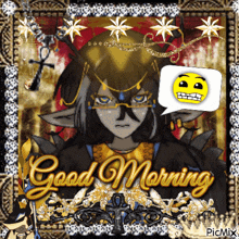 a picture of a man with a speech bubble that says " good morning "