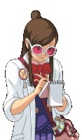 a girl wearing sunglasses and a lab coat is writing on a notepad