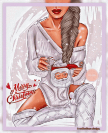 a woman in a white sweater is holding a cup with santa on it and the words merry christmas above her