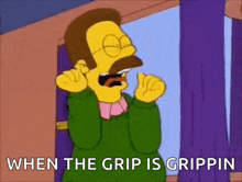 a cartoon character from the simpsons is standing in front of a window with his mouth open and covering his ears .