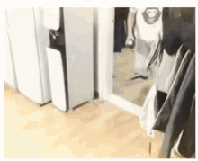 a person is standing in a room next to a refrigerator and a door .