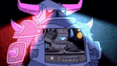 a cartoon drawing of a robot with horns playing music
