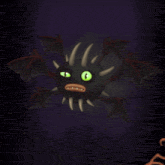 a cartoon drawing of a bat with green eyes and horns