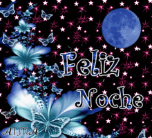 a greeting card that says " feliz noche " with flowers and butterflies
