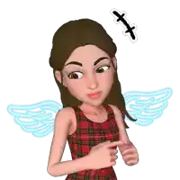 a cartoon girl with wings is pointing at herself