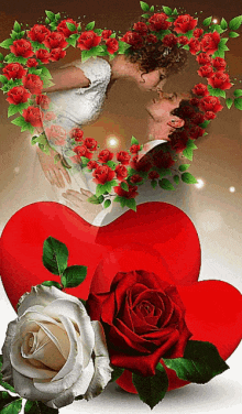 a man and a woman kissing in front of a heart surrounded by roses