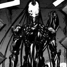 a black and white drawing of a robot with long black hair
