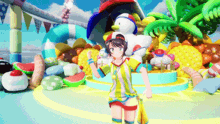 a girl in a yellow and red outfit is standing in front of a candy display