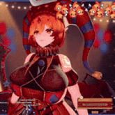 a girl in a jester costume is standing in front of a spotlight