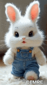 a white bunny rabbit wearing blue overalls is standing on a white carpet .