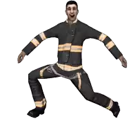 a man in a fireman 's uniform is jumping with his mouth open