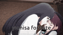 a picture of two anime girls with the words yumisa fortnite written on the bottom