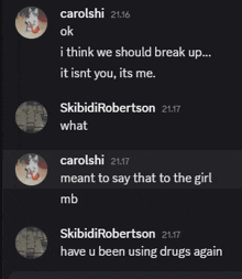 a screenshot of a conversation between carolshi and skididirobertson