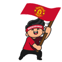 a cartoon boy is holding a flag that says manchester united
