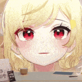 a close up of a girl 's face with red eyes and blonde hair