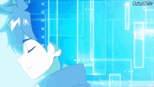 a cartoon of a boy with blue hair and the words animed.tv on the bottom